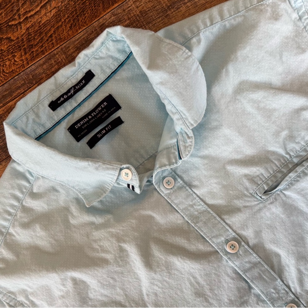 Denim & Flower Slim Fit Short Sleeve Button Down Light‎ Blue Size L Micro Dot